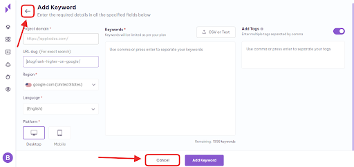 cancel in add keywords