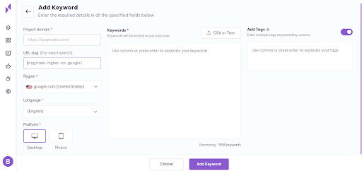 add keywords page