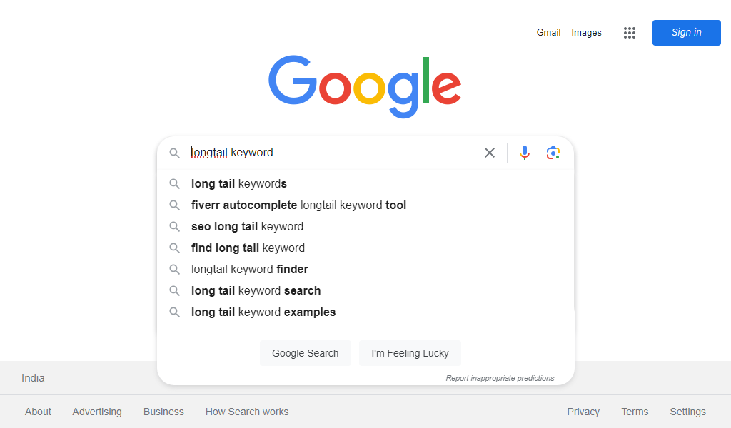 google long tail search screenshot