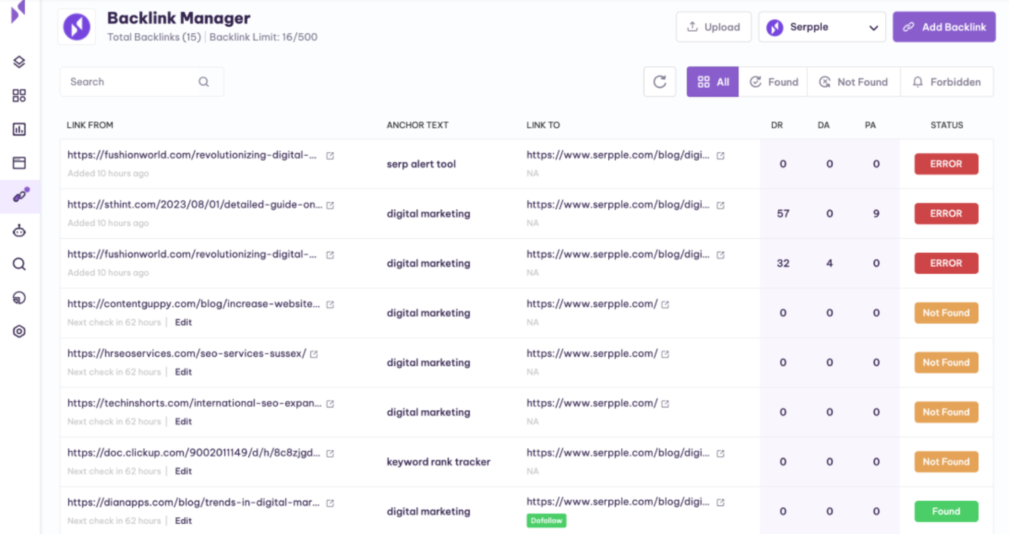 serpple's backlink manager