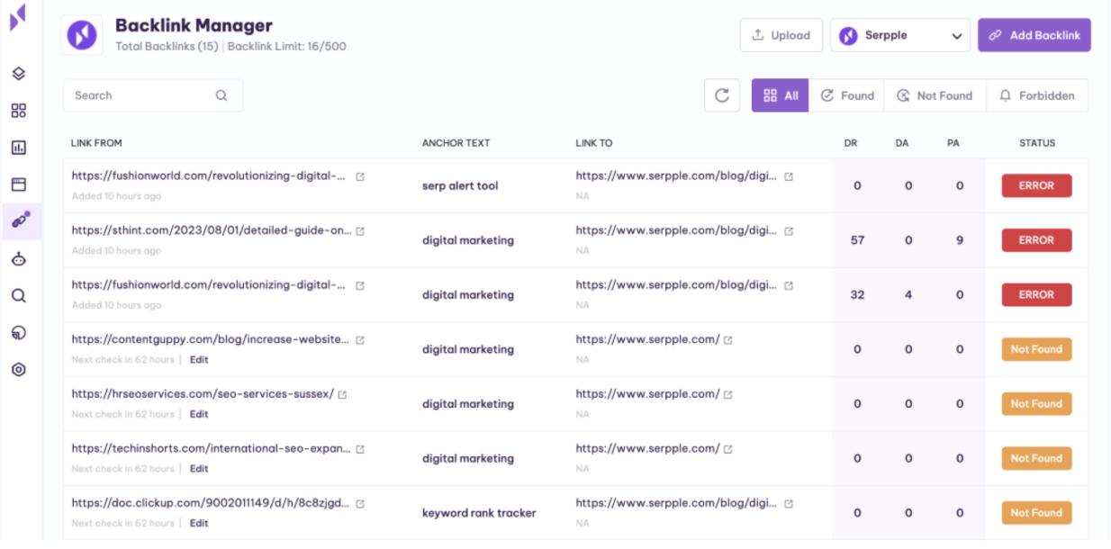 serpple backlink manager