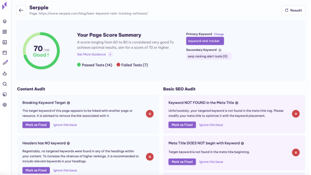 serpple dashboard page score summary