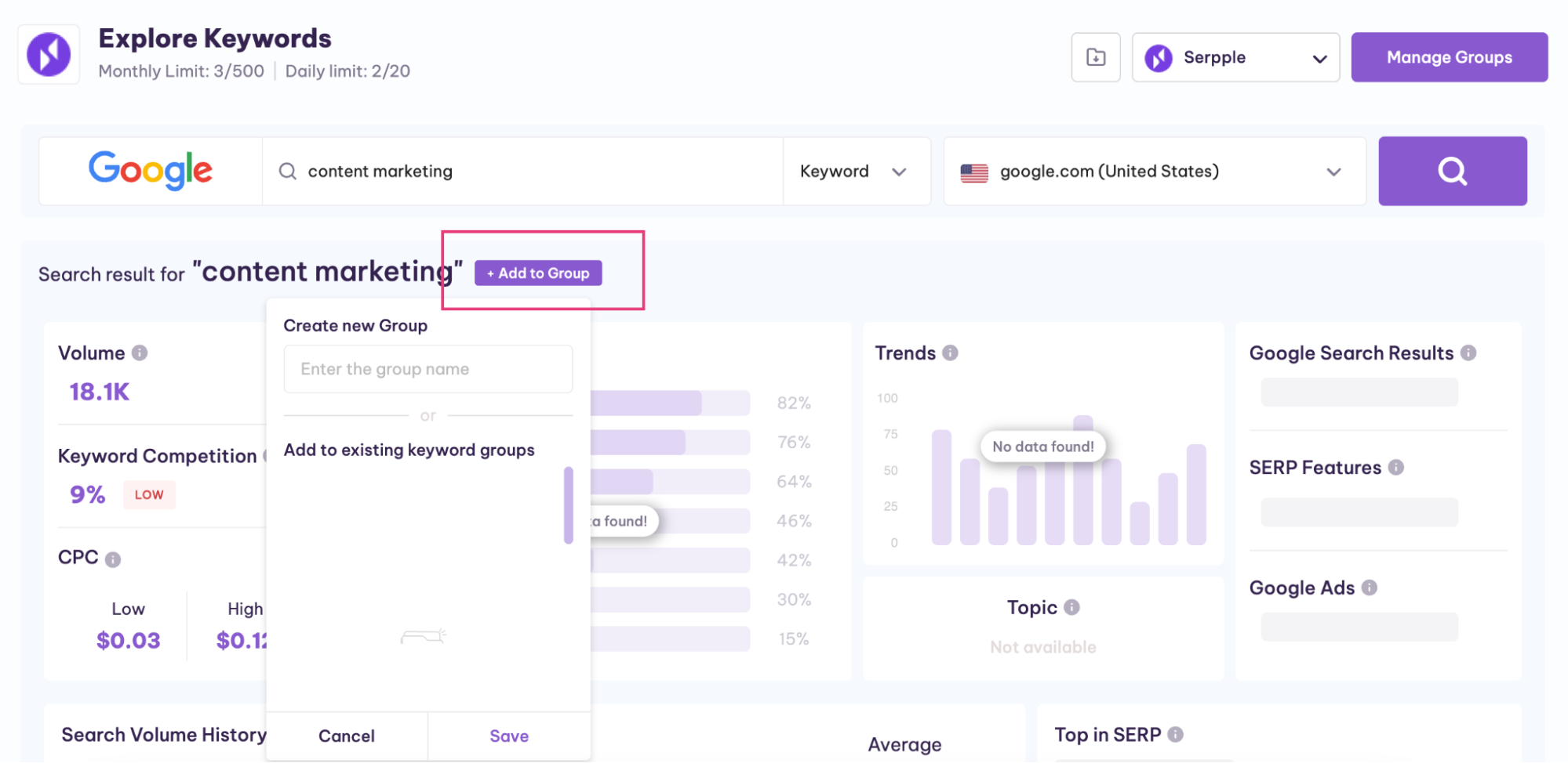 exlore keywords add group on serpple