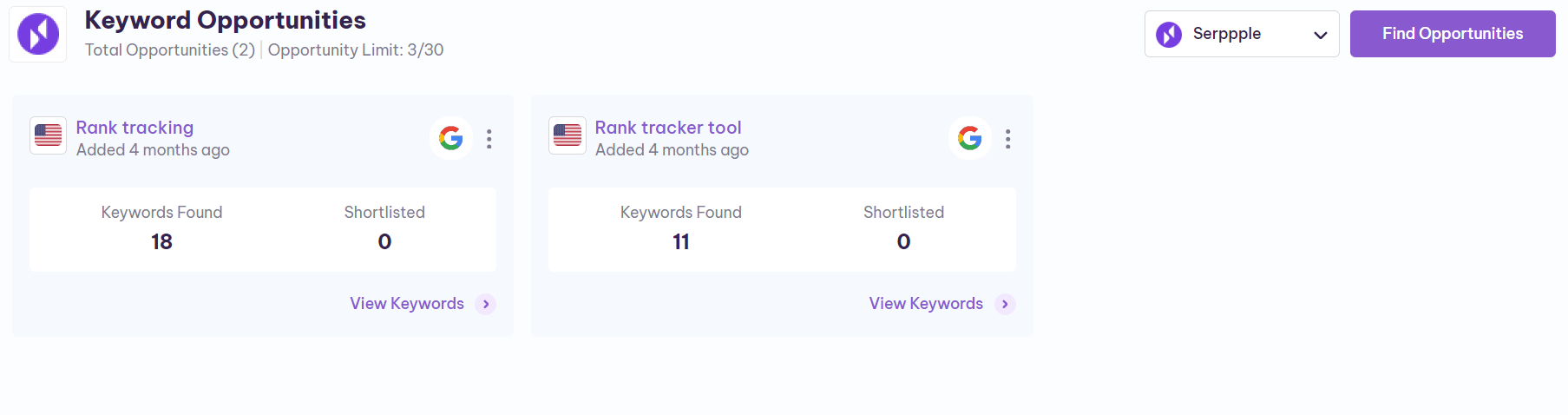 keyword opportunities tab