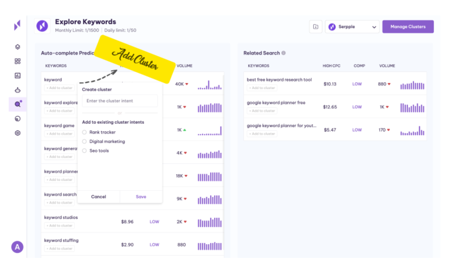 exploring keywords and putting them in a cluster