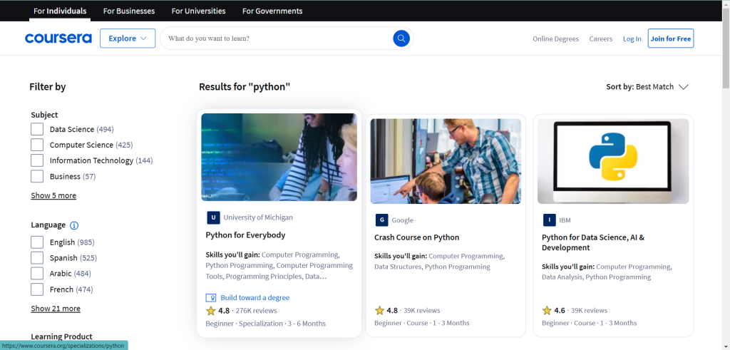 Coursera online course platform